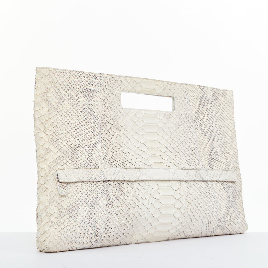 NANCY GONZALEZ cream matte scaled leather front pocket flat shopper tote bag