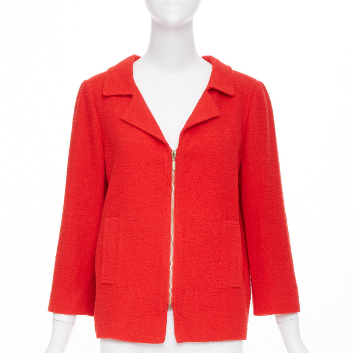 OSCAR DE LA RENTA 2008 red wool tweed gold zip open collar jacket US14 3XL