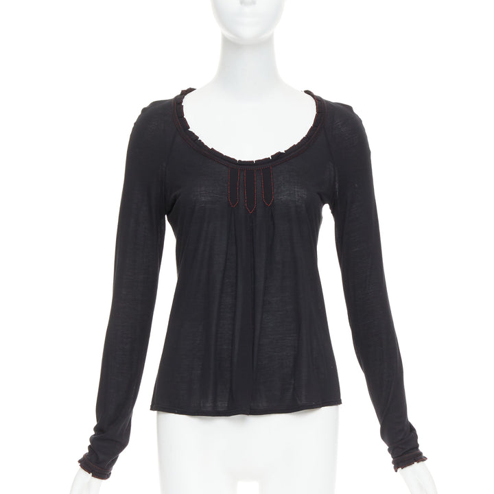 GUCCI 2006 Vintage black red overstitch nylon modal scoop neck plisse top M