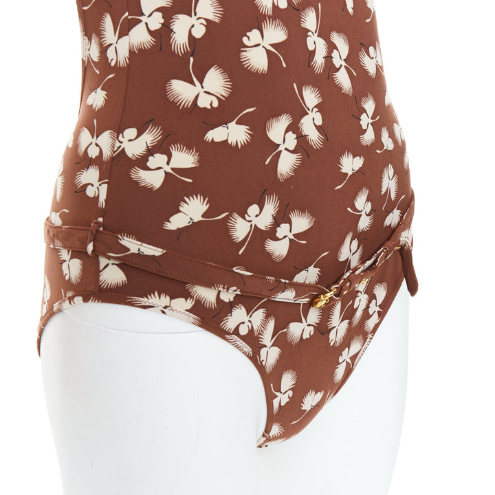 GUCCI Vintage brown cream floral print belted one piece swimsuit