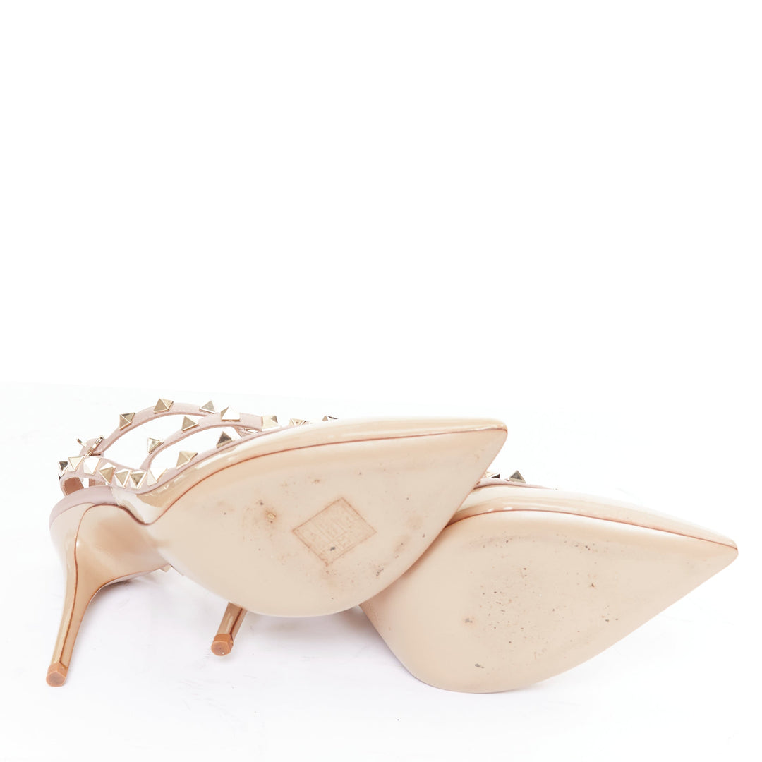 VALENTINO Rockstud 100 nude patent gold studded caged stiletto heels EU38