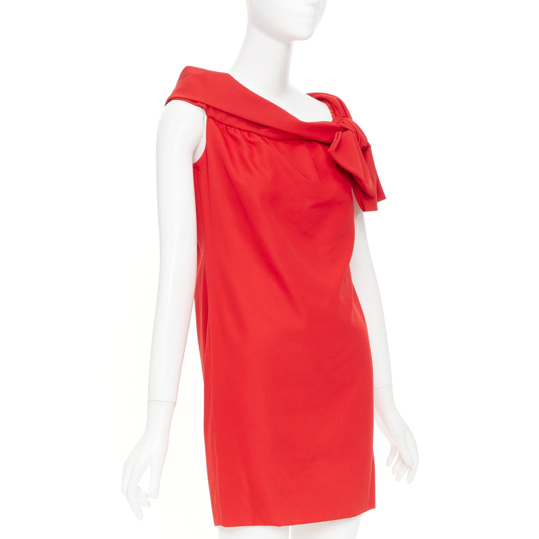 VALENTINO red virgin wool silk asymmetric bow collar shift mini dress US6 S