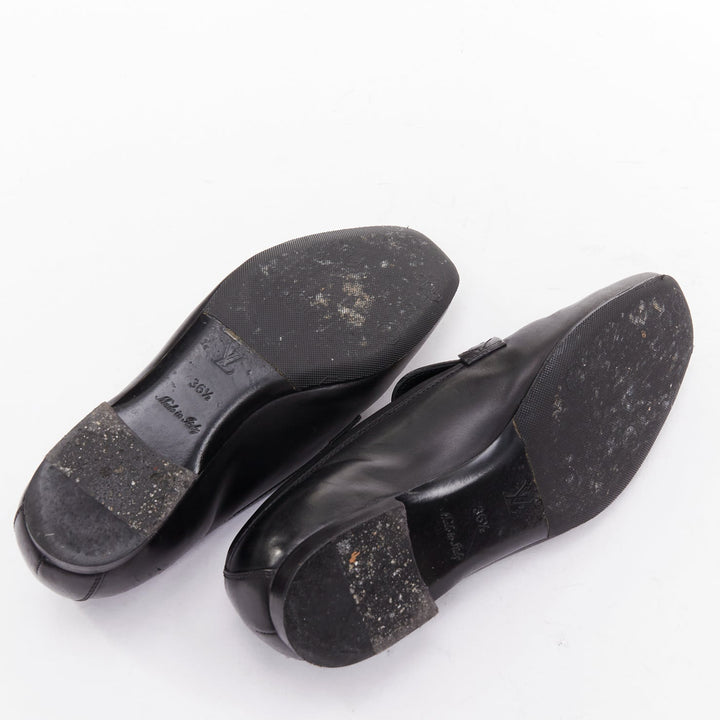 LOUIS VUITTON Upper Case flat black lambskin gold LV bar flat loafers EU36.5