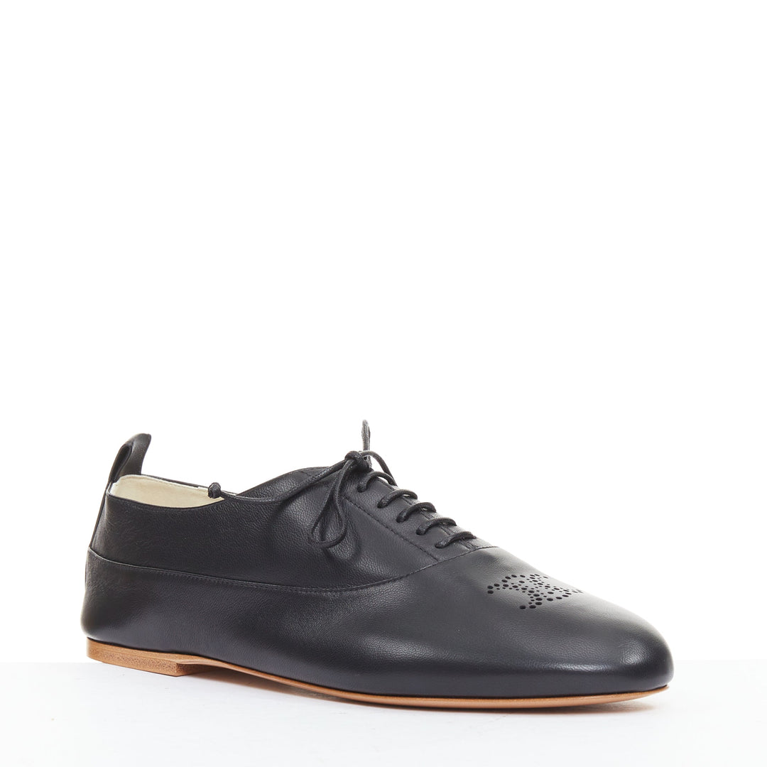 CELINE Lise Triomphe Richelieu black smooth perforated flat sole loafers EU39