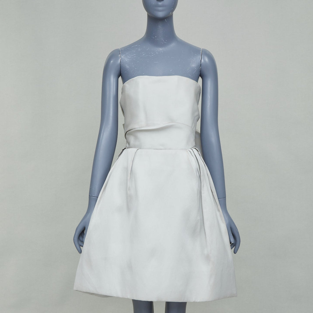 LANVIN Bridal light gray structural strapless bow back pleated bell dress FR36 S