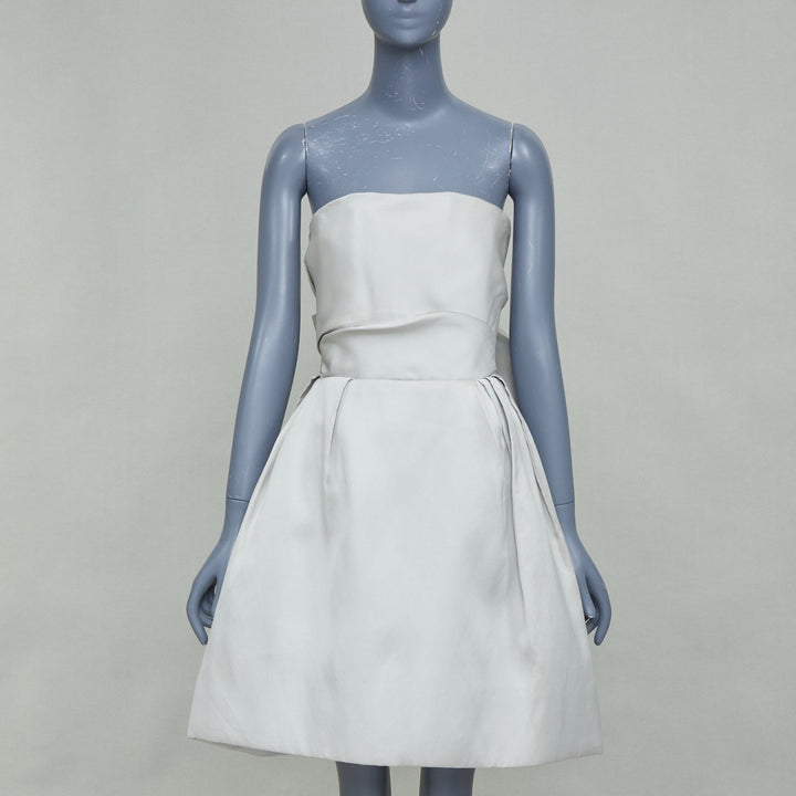 LANVIN Bridal light gray structural strapless bow back pleated bell dress FR36 S