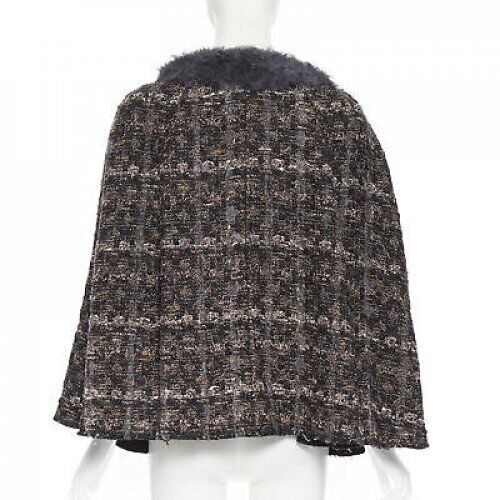 DOLCE GABBANA brown black wool tweed shearling fur trimmed cape poncho jacket XS