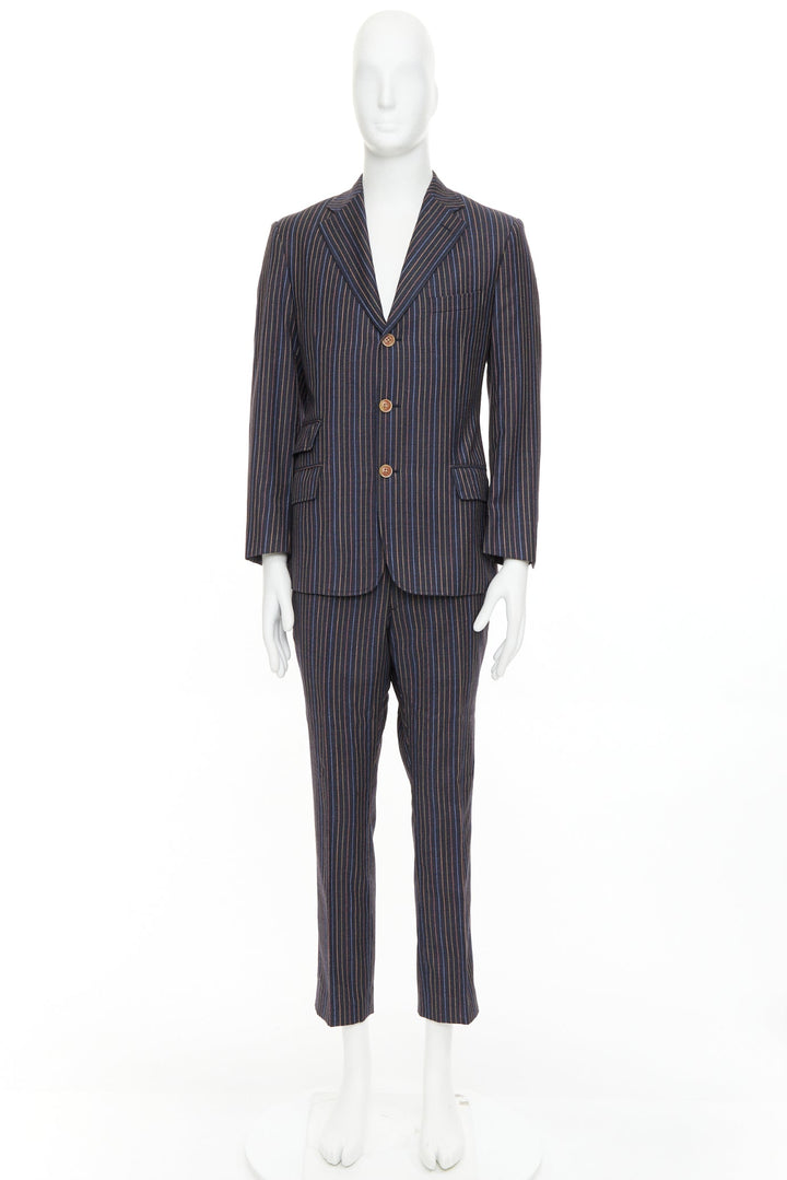 ETRO grey brown multi pinstripe single breasted cropped blazer pants set IT52 XL