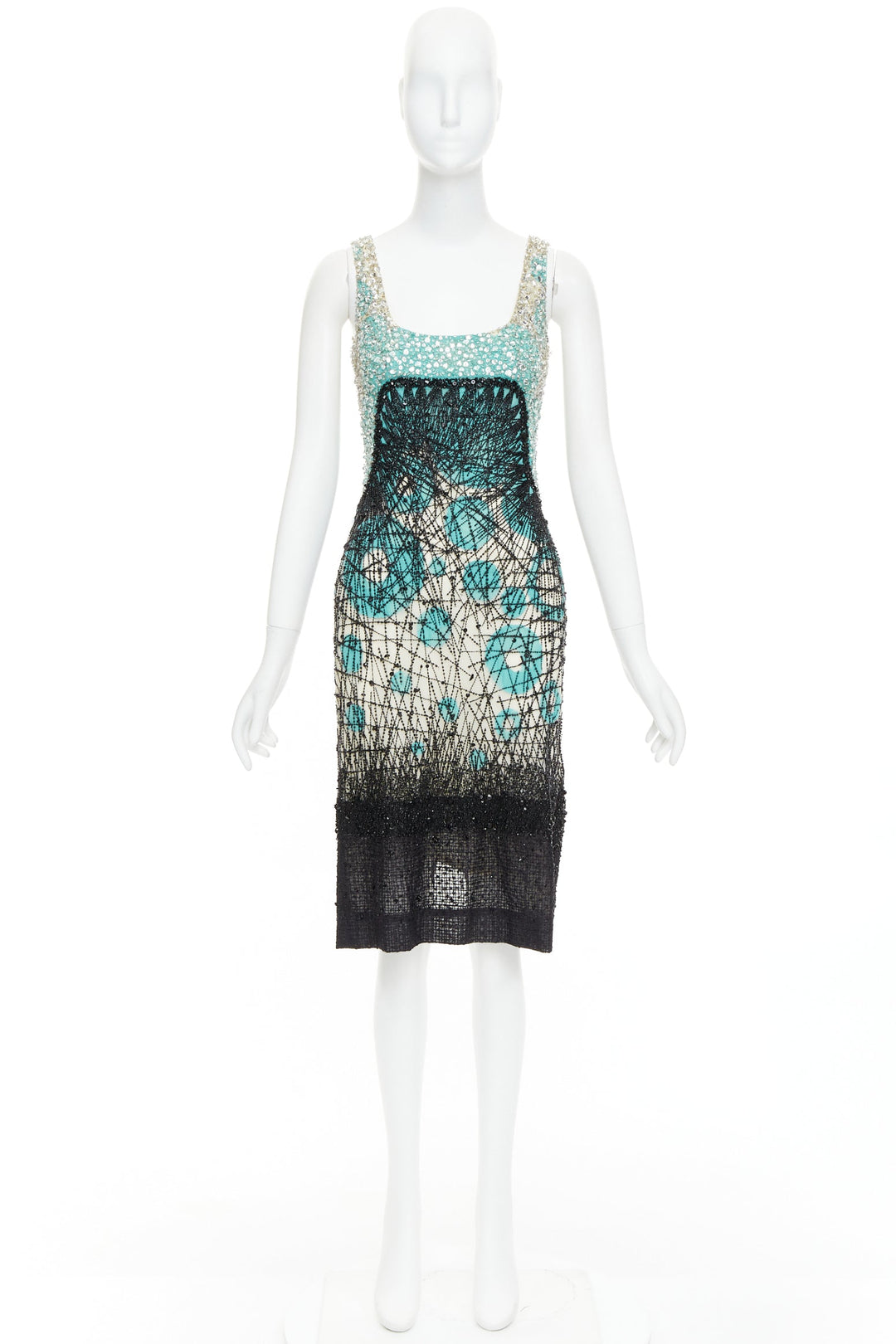 CAROLINA HERRERA teal green cream black silk fully beaded crystal dress US2 S