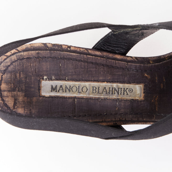 MANOLO BLAHNIK black elastic strap cork sole spool mid sandals EU37