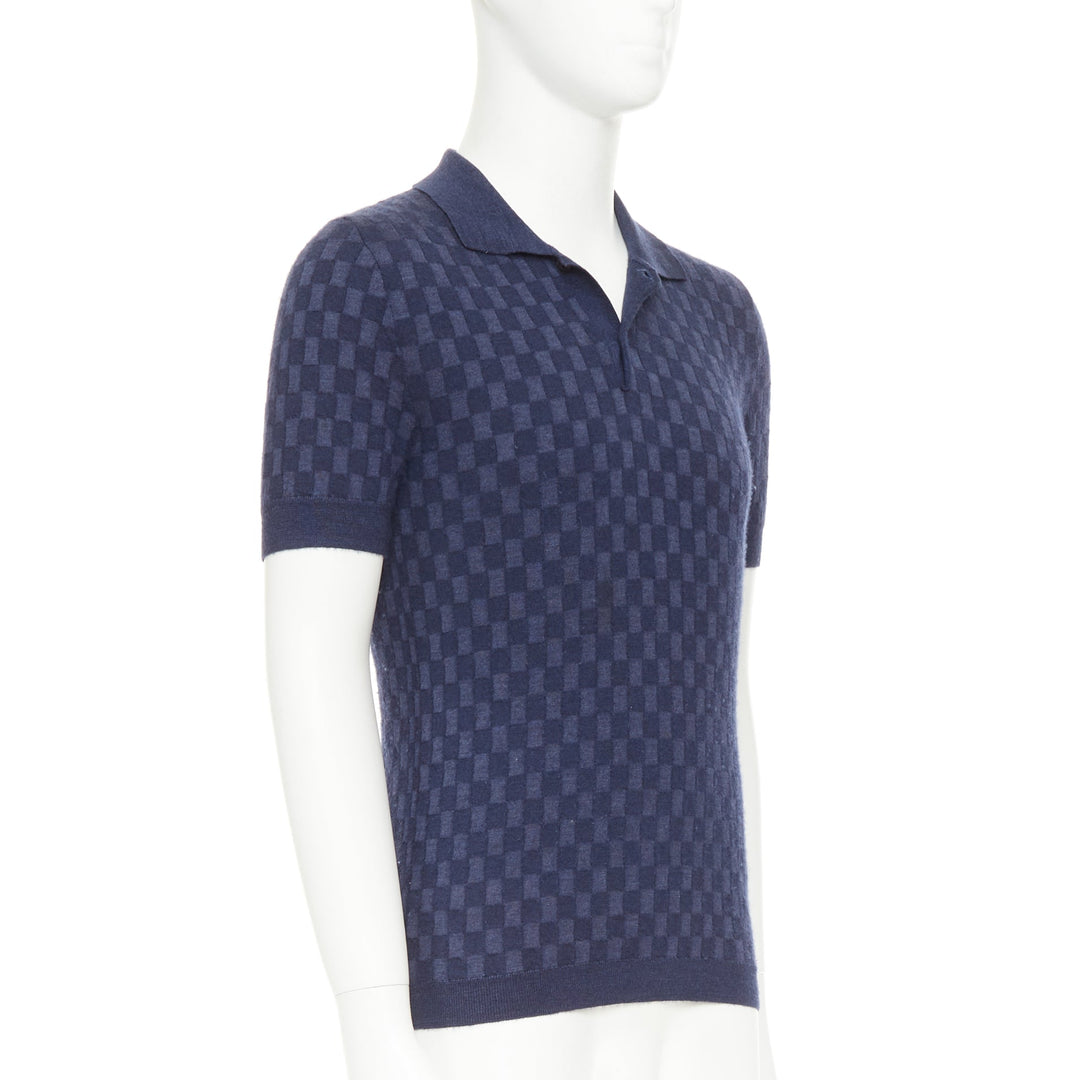 LOUIS VUITTON navy cashmere silk Damier checked knit polo shirt S