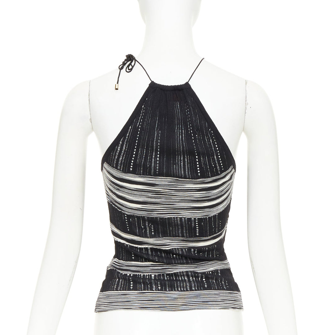 MISSONI black white cotton multi horizontal striped open knit halter top IT38 XS