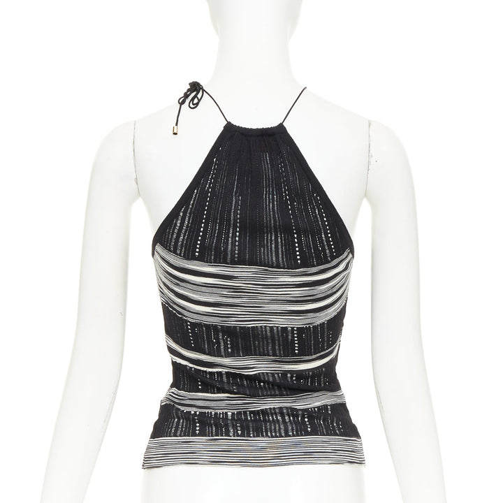 MISSONI black white cotton multi horizontal striped open knit halter top IT38 XS