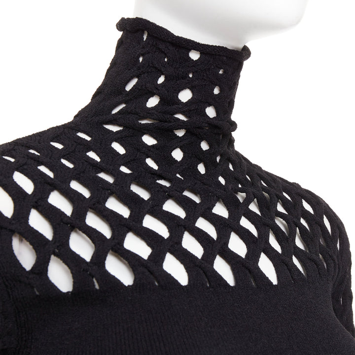 VALENTINO Piccioli 2021 black diamond lattice open-work knit turtleneck  M