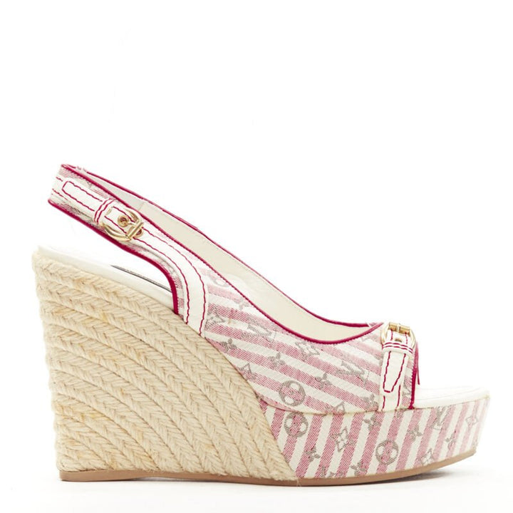 LOUIS VUITTON pink beige striped monogram jute espadrille wedge platform EU36.5