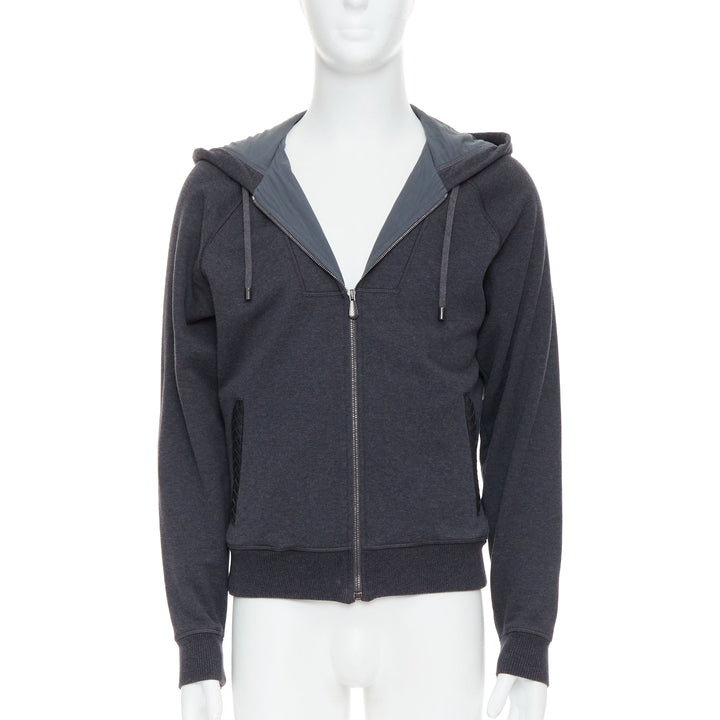 Male mannequin wearing Bottega Veneta Grey Cotton Men Hoodies in Size IT46 | Available at JHROP