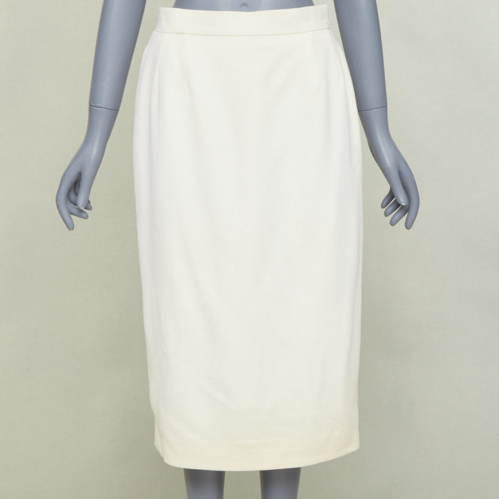 CHANEL 93P ivory wool gold CC logo button slit silk pencil skirt FR42 XL