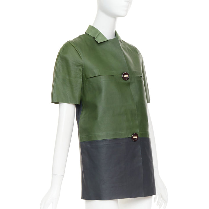 MARNI 2012 green navy calf leather geometric buttons round sleeve coat IT38 XS