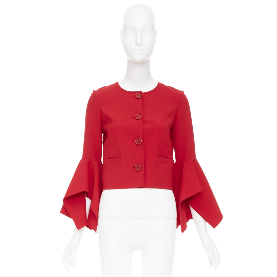 OSCAR DE LA RENTA 2018 flared ruffle sleeve cropped red wool jacket US0 XS