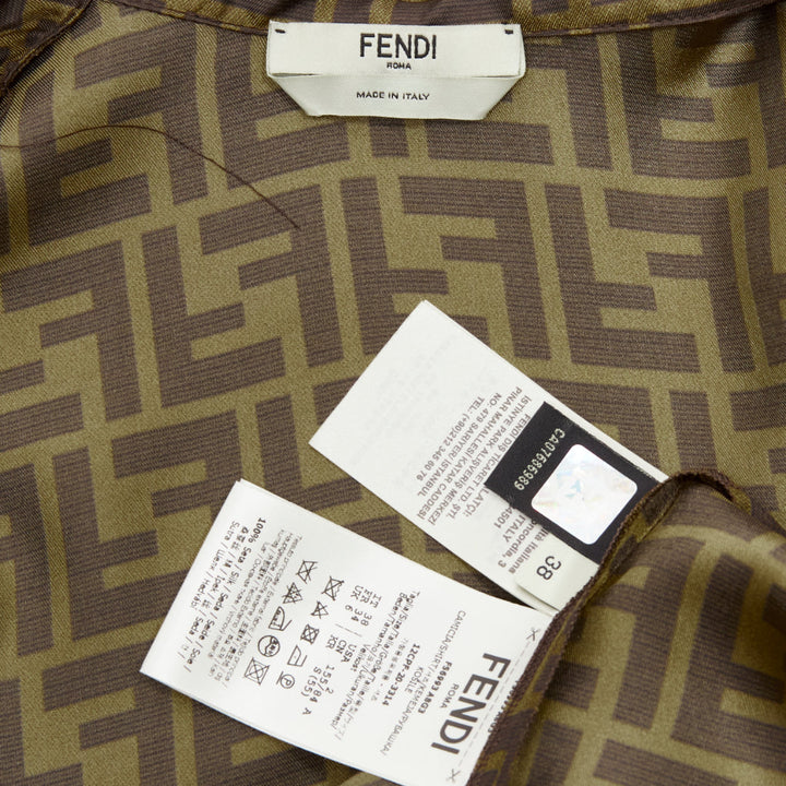 FENDI  100% silk twill FF Zucca monogram red embroidery pajama shirt IT38 XS