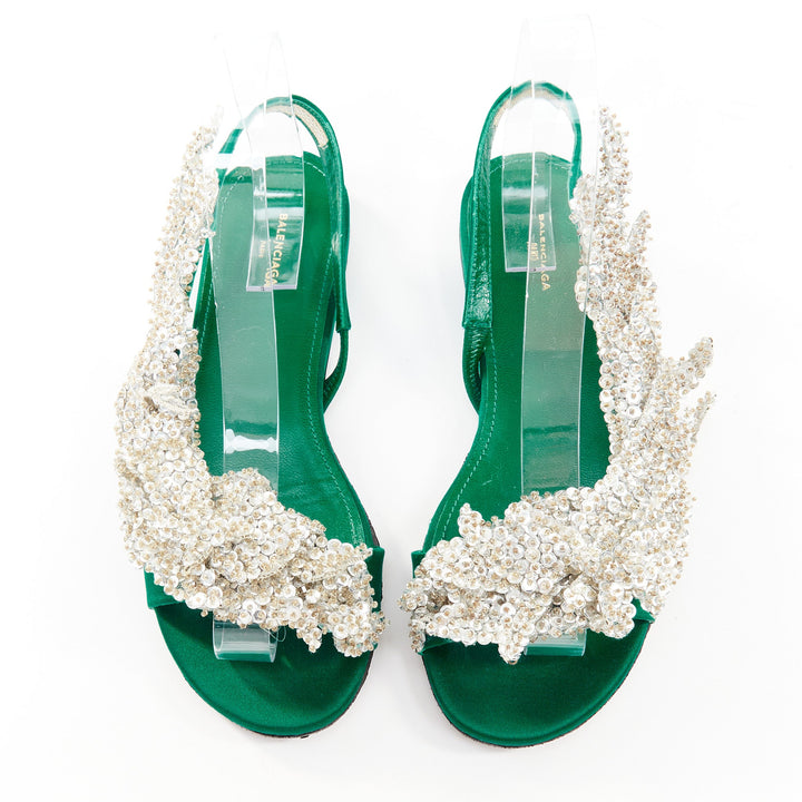 BALENCIAGA 2017 Tess emerald green satin silver sequin open toe flat sandal EU37