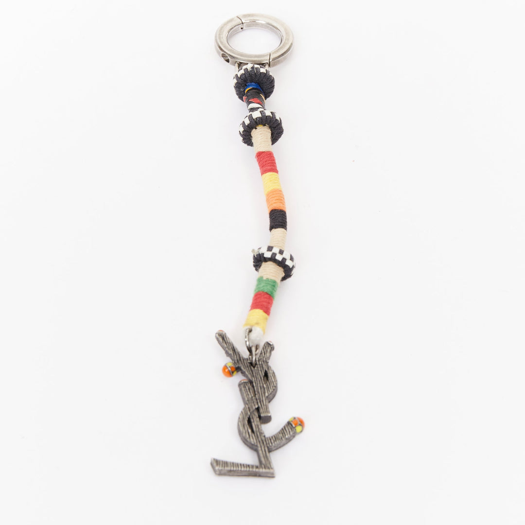 SAINT LAURENT braided YSL logo monogram aged silver multicolor ethnic bag charm