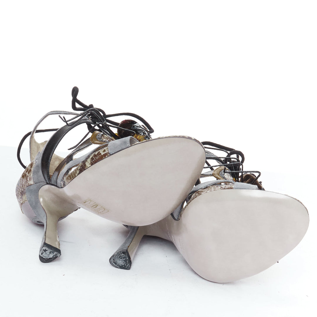 rare MIU MIU 2010 Runway Spider embellished grey leather heeled sandals EU36