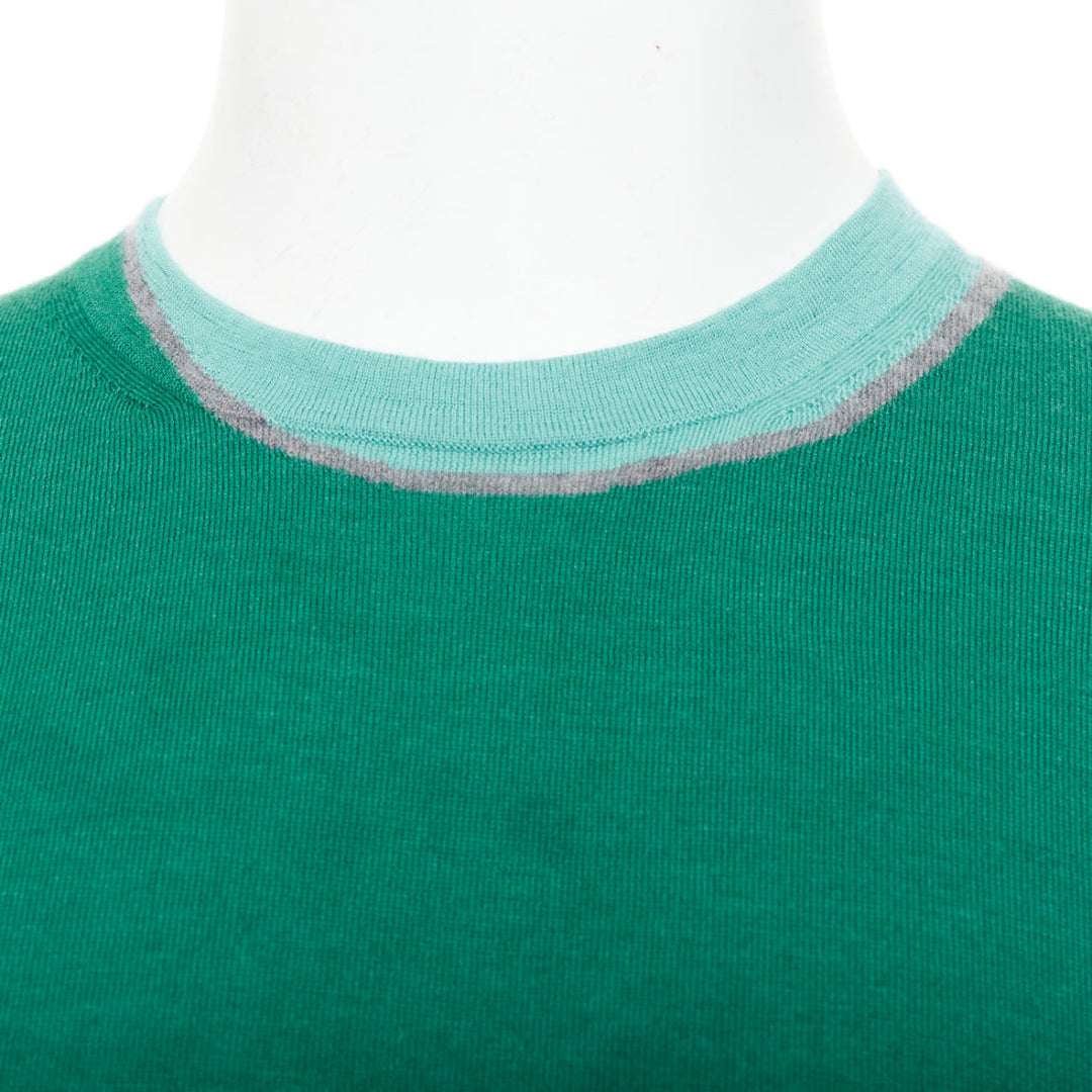 HERMES cashmere silk blend green blue border trompe loeil crewneck sweater