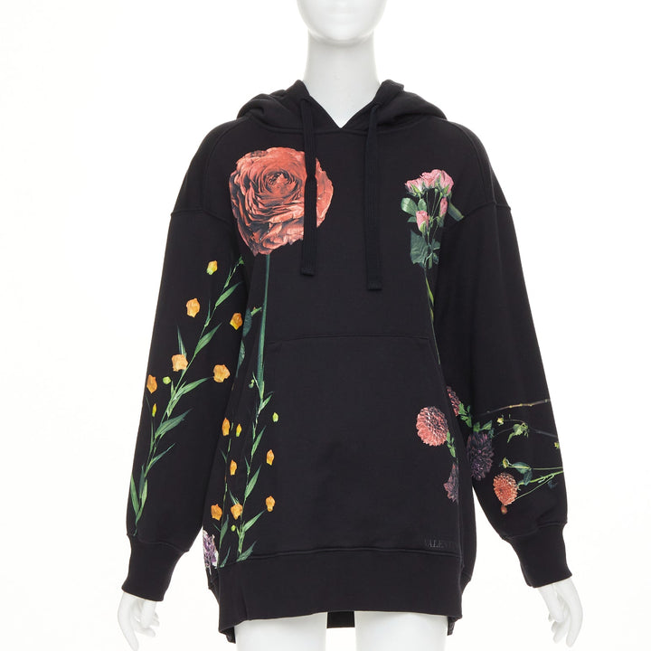 VALENTINO black cotton oversized macro rose floral print pouch hoodie M
