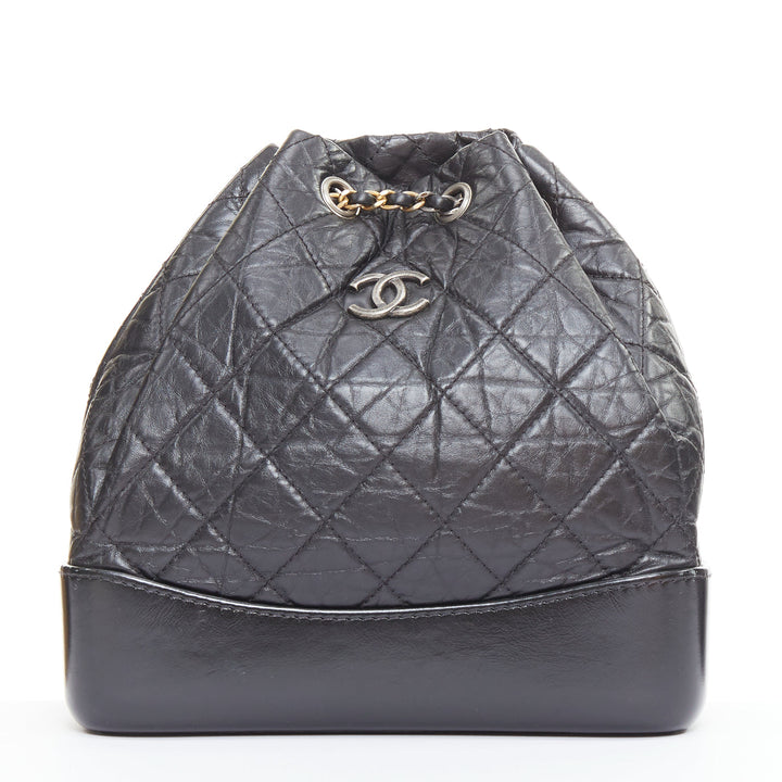CHANEL 2017 Gabrielle Small black quilted aged calfskin CC chain backpack bag