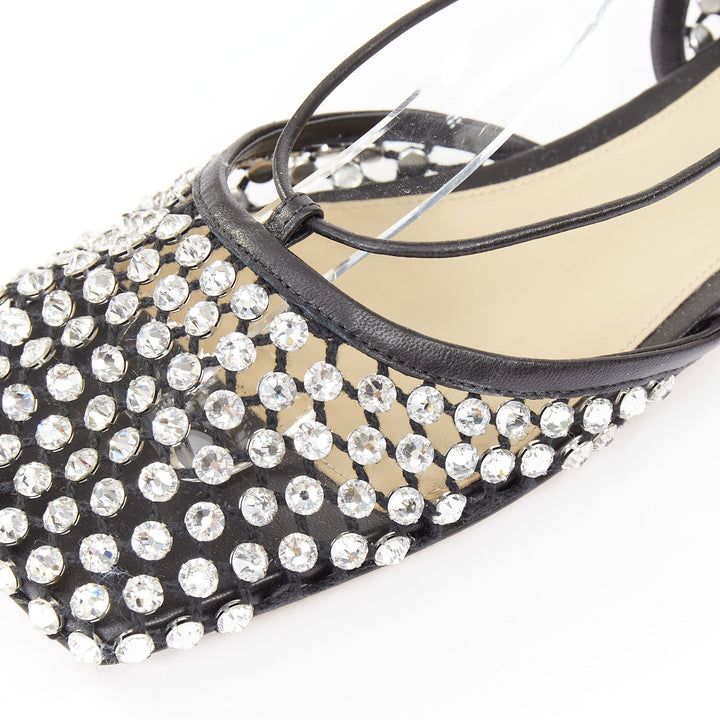 BOTTEGA VENETA Sparkle Stretch black leather crystal mesh lace up flats EU38