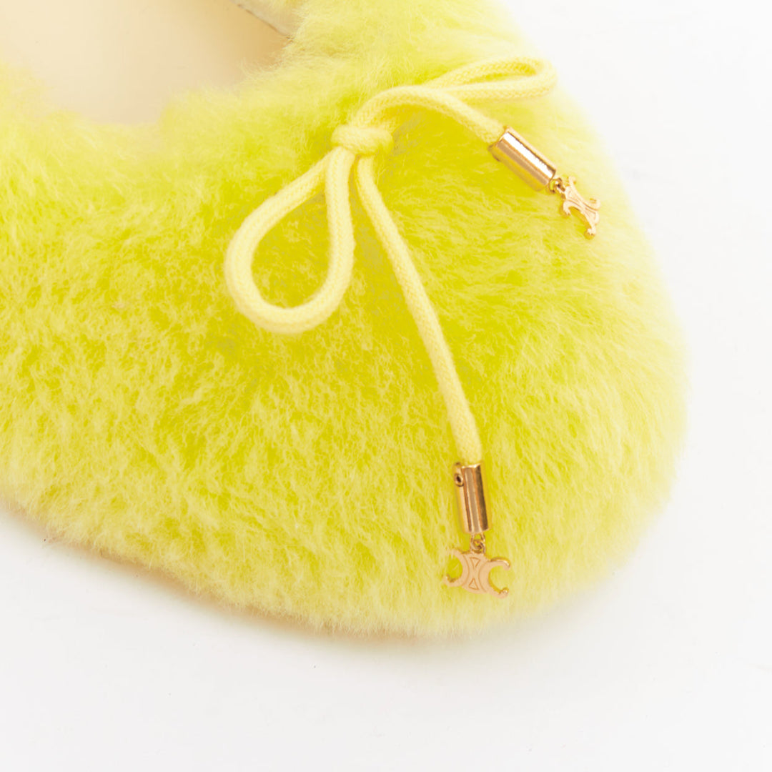CELINE 2022 Les Ballerines yellow plush furry triomphe bow ballet flats EU37