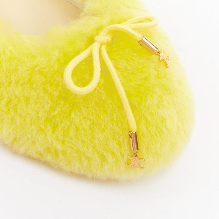 CELINE 2022 Les Ballerines yellow plush furry triomphe bow ballet flats EU37