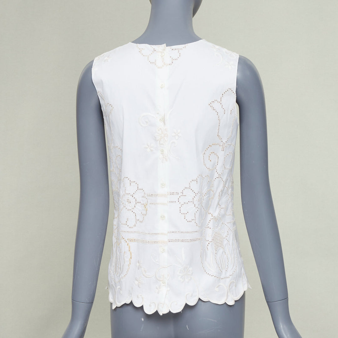 DOLCE GABBANA white cotton floral embroidered openwork scallop tank top IT38 XS