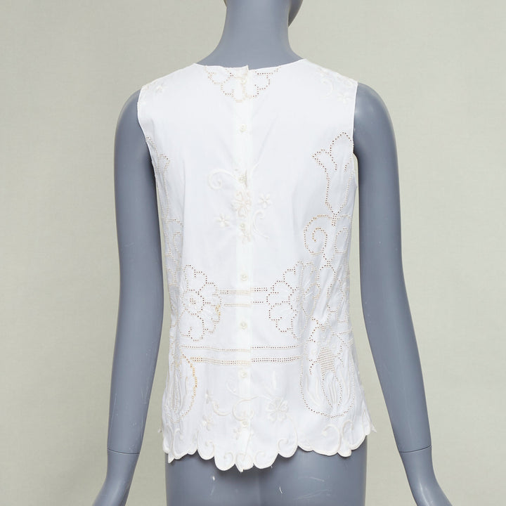DOLCE GABBANA white cotton floral embroidered openwork scallop tank top IT38 XS