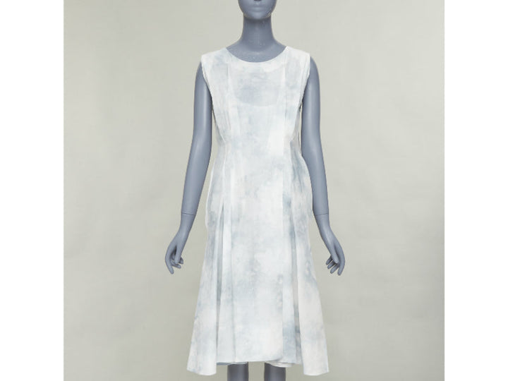 MARNI offwhite steel blue tie dye print cotton round neck layered dress IT36 XXS
