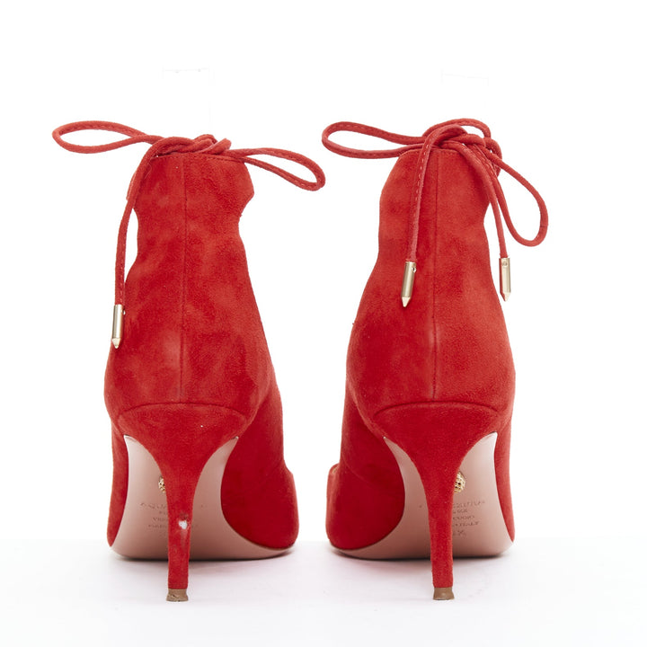 AQUAZZURA Christy 75 red suede leather lace up mid pumps EU39.5