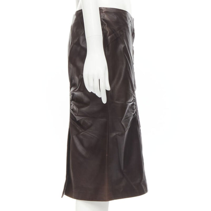 GUCCI Vintage Tom Ford dark burgundy leather velvet trim ruched skirt IT42 M