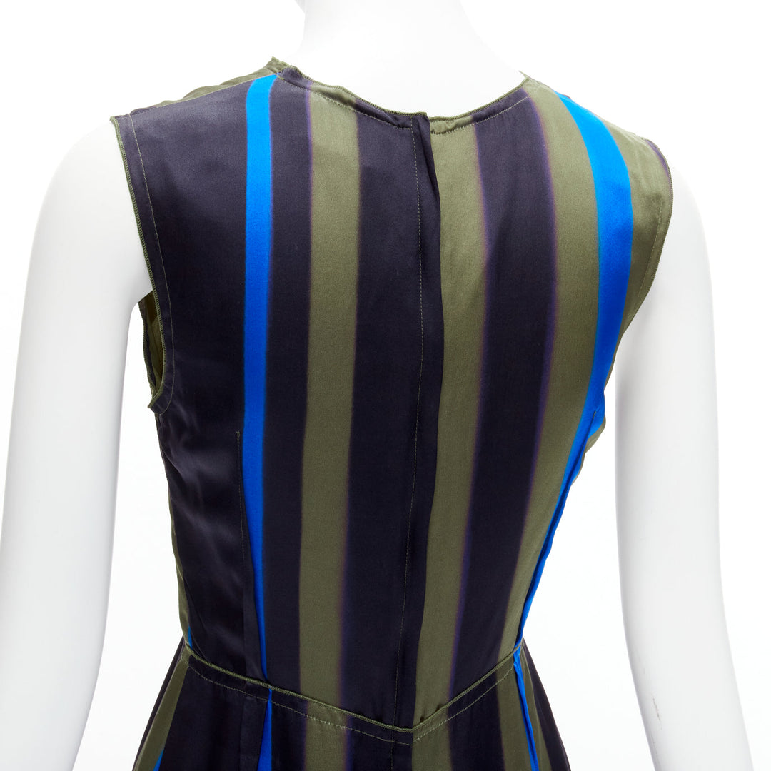 LANVIN 100% silk khaki blue abstract invert darts dress FR36 S