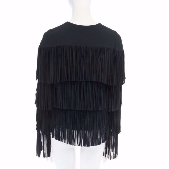 runway TOM FORD 2015 black tier fringed stretch cady open front jacket IT38 XS