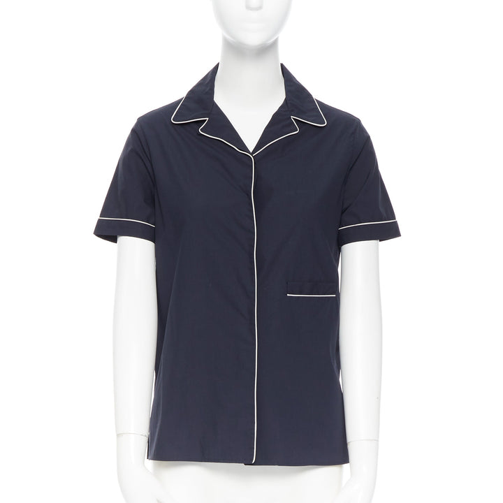 JIL SANDER navy blue cotton cuban shirt notch collar pipe short sleeves FR34