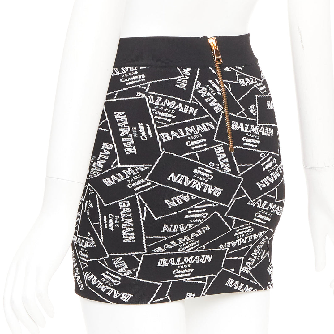 BALMAIN 2025 Label Jacquard Knit black white logo box intarsia skirt FR34 XS