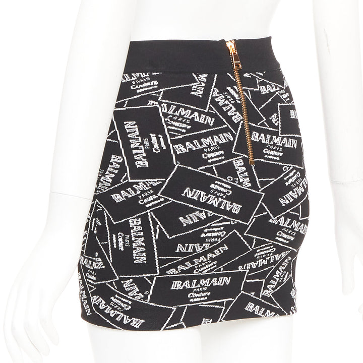 BALMAIN 2025 Label Jacquard Knit black white logo box intarsia skirt FR34 XS