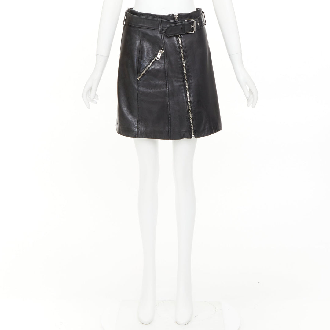 CLAUDIE PIERLOT black soft leather zip belted pocketed biker mini skirt FR36 S