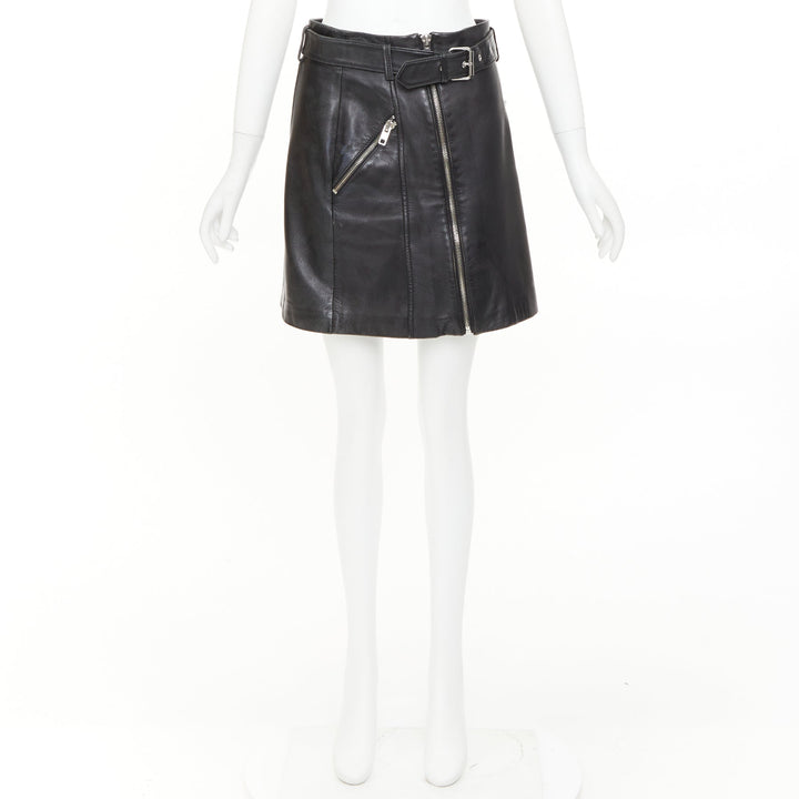 CLAUDIE PIERLOT black soft leather zip belted pocketed biker mini skirt FR36 S