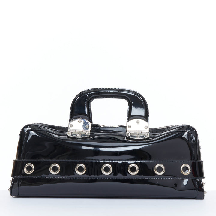 GUCCI 2004 Vintage Tom Ford black patent leather silver buckle grommet bag