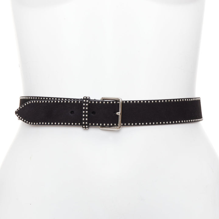 ALAIA black suede leather silver mini dome studded buckled belt 65cm