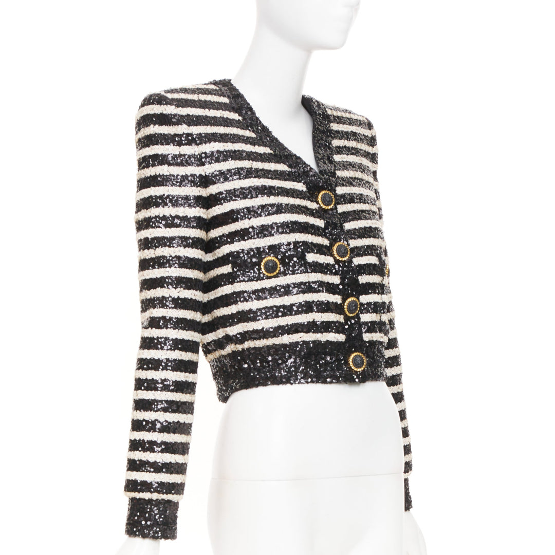 BALMAIN 2024 stripe sequined v neck lion button cropped evening jacket FR34 XS