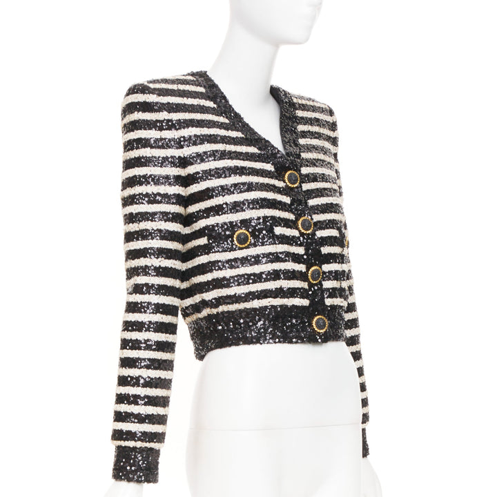 BALMAIN 2024 stripe sequined v neck lion button cropped evening jacket FR34 XS