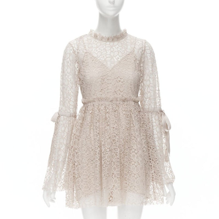 ALICE MCCALL Back To You nude lace bell flared sleeve mini dress US4  S